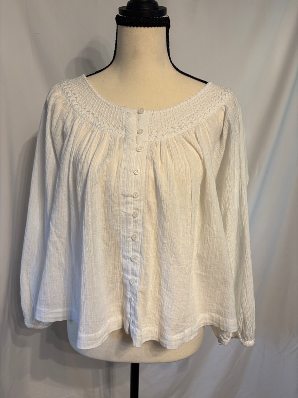 Boho Lucky Brand  Flowy White  Button-Front Peasant Blouse SZ XS Cottagecore